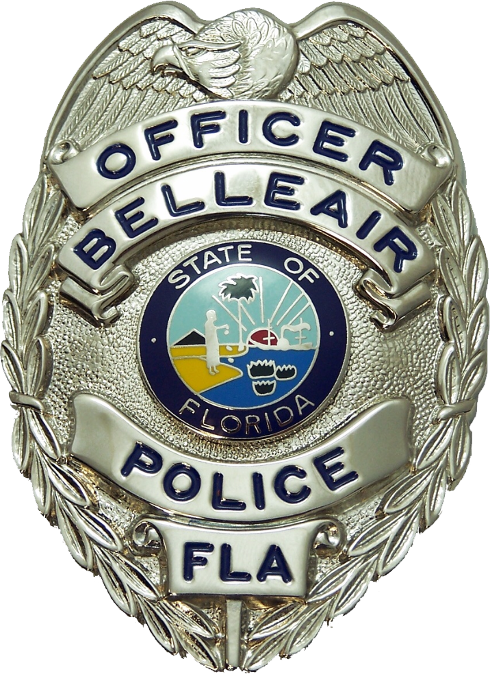 Silver badge with an eagle on top and the Florida seal in the middle. 