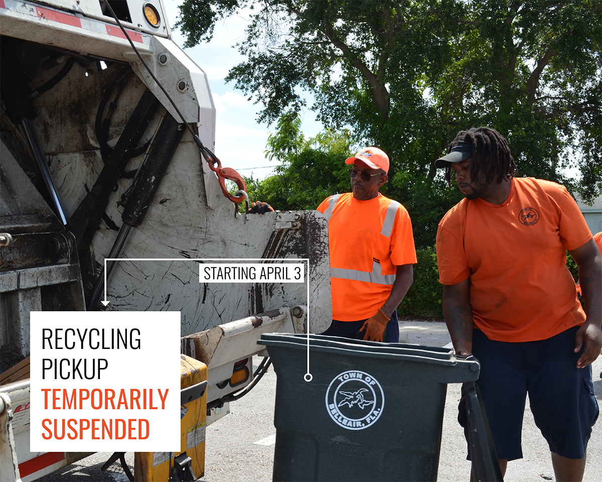 Two solid waste employees next to a recycling can and truck. Text: 