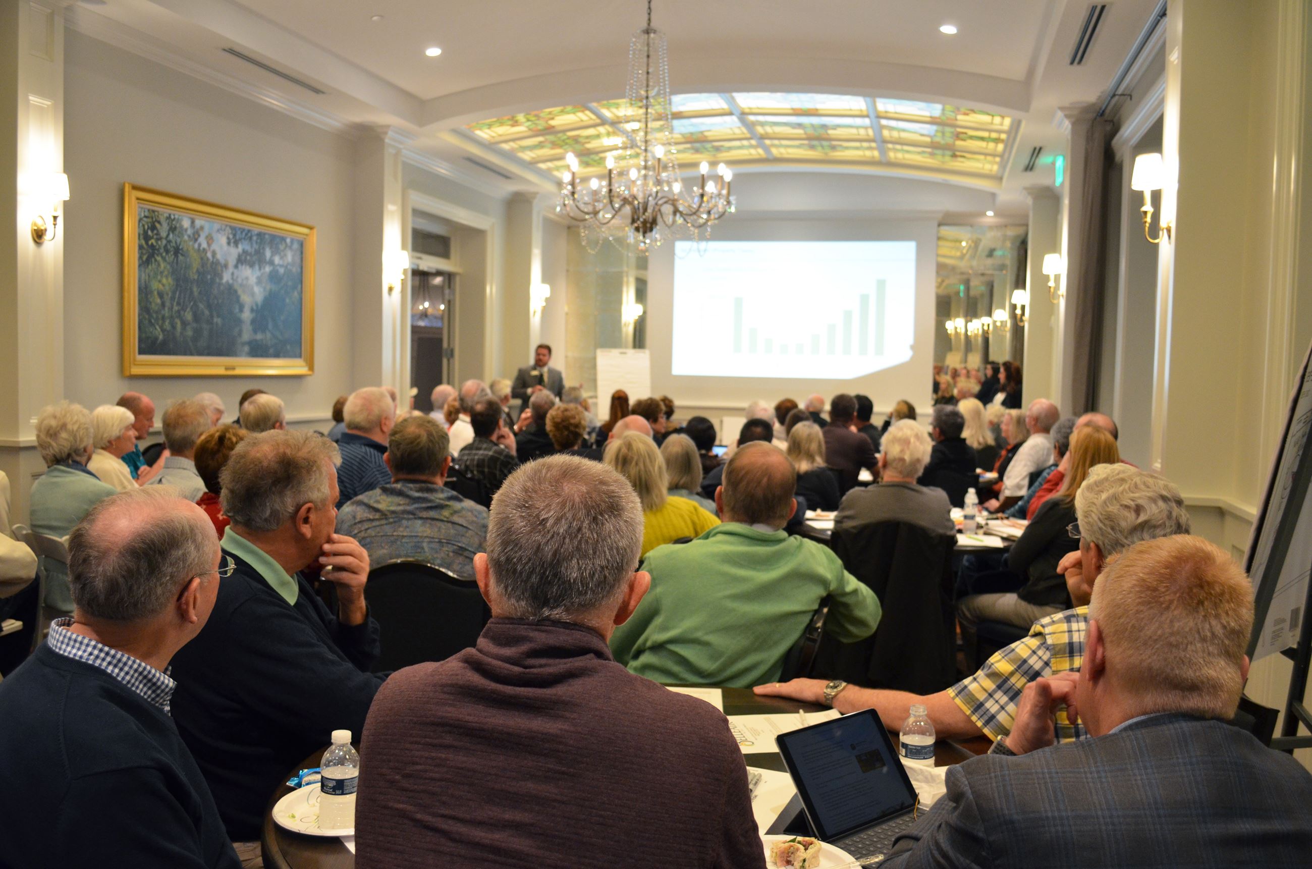 Residents listen to a presentation from Belleair's Town Manager at Community Forum 2