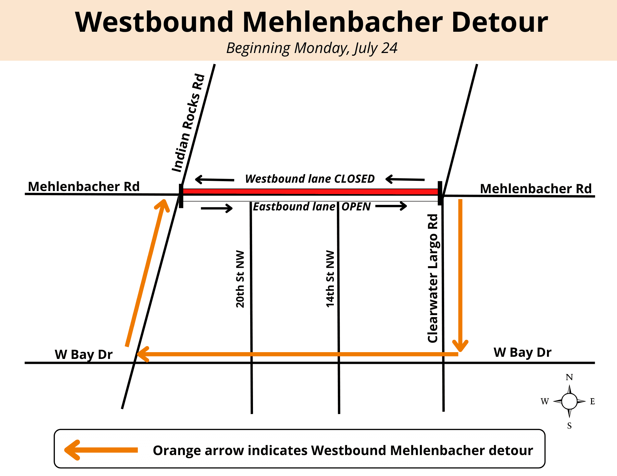 Westbound Mehlenbacher CLOSED between Indian Rocks Road and Clearwater Largo Road